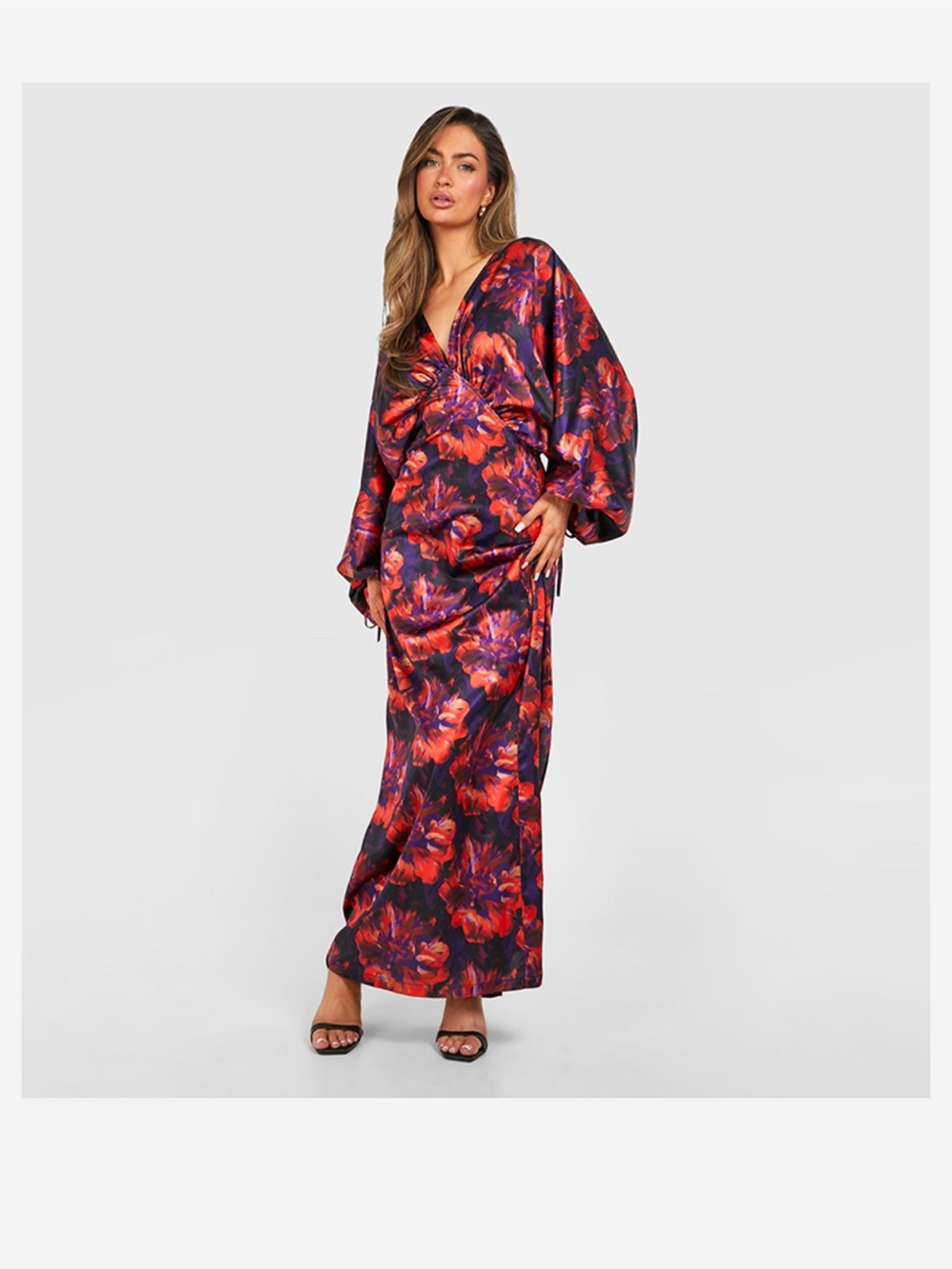 Boohoo Red & Navy Floral Maxi Dress